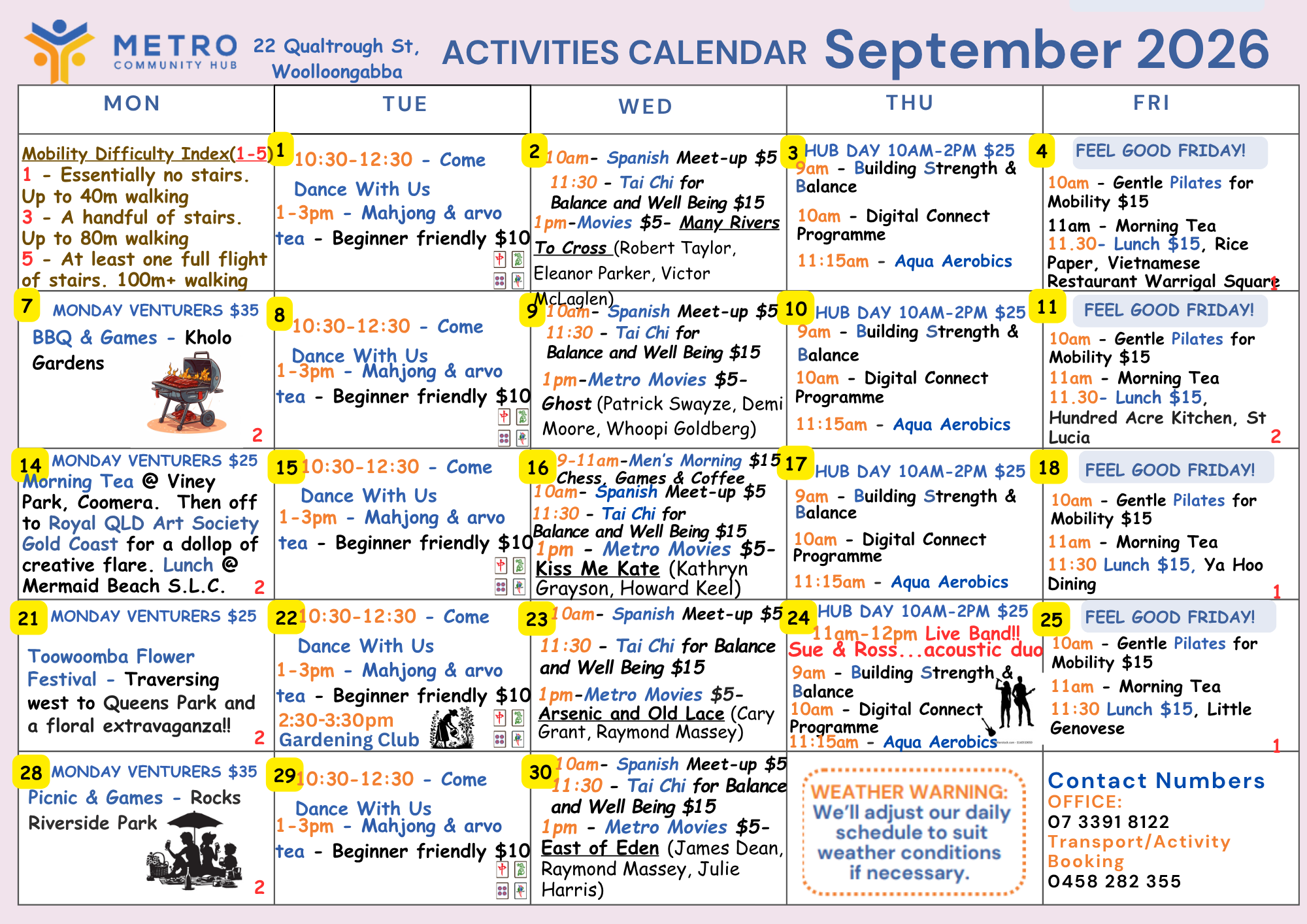 Metro Community Hub_September events Activities for Seniors Brisbane